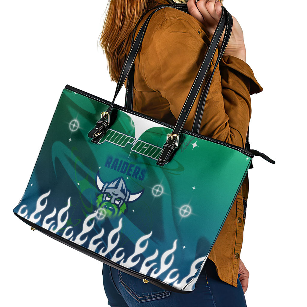 Personalized Canberra Raiders Leather Tote Bag Y2K Grunge Aesthetic With Cyber Flames and Starburst Graphics