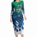 Personalized Canberra Raiders Long Sleeve Bodycon Dress Y2K Grunge Aesthetic With Cyber Flames and Starburst Graphics