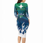 Personalized Canberra Raiders Long Sleeve Bodycon Dress Y2K Grunge Aesthetic With Cyber Flames and Starburst Graphics