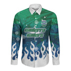 Personalized Canberra Raiders Long Sleeve Button Shirt Y2K Grunge Aesthetic With Cyber Flames and Starburst Graphics