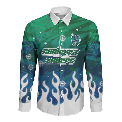 Personalized Canberra Raiders Long Sleeve Button Shirt Y2K Grunge Aesthetic With Cyber Flames and Starburst Graphics