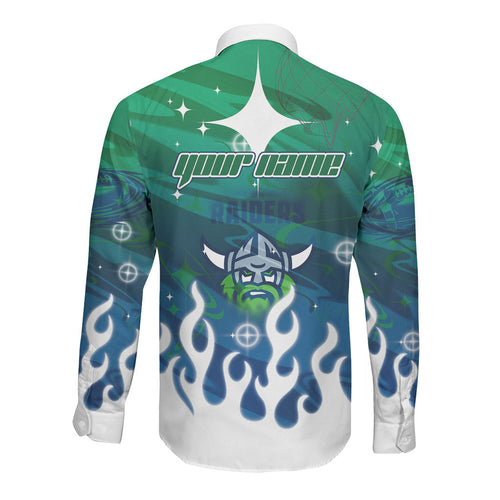 Personalized Canberra Raiders Long Sleeve Button Shirt Y2K Grunge Aesthetic With Cyber Flames and Starburst Graphics