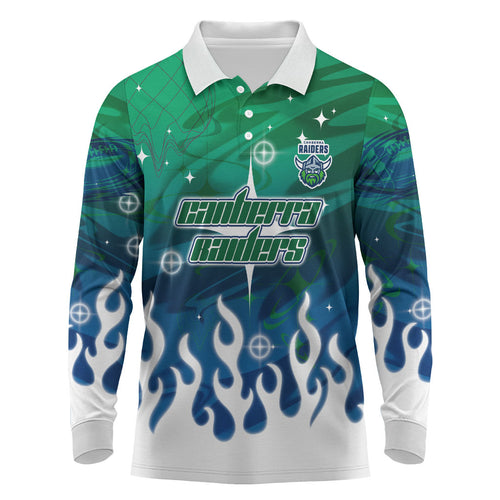 Personalized Canberra Raiders Long Sleeve Polo Shirt Y2K Grunge Aesthetic With Cyber Flames and Starburst Graphics