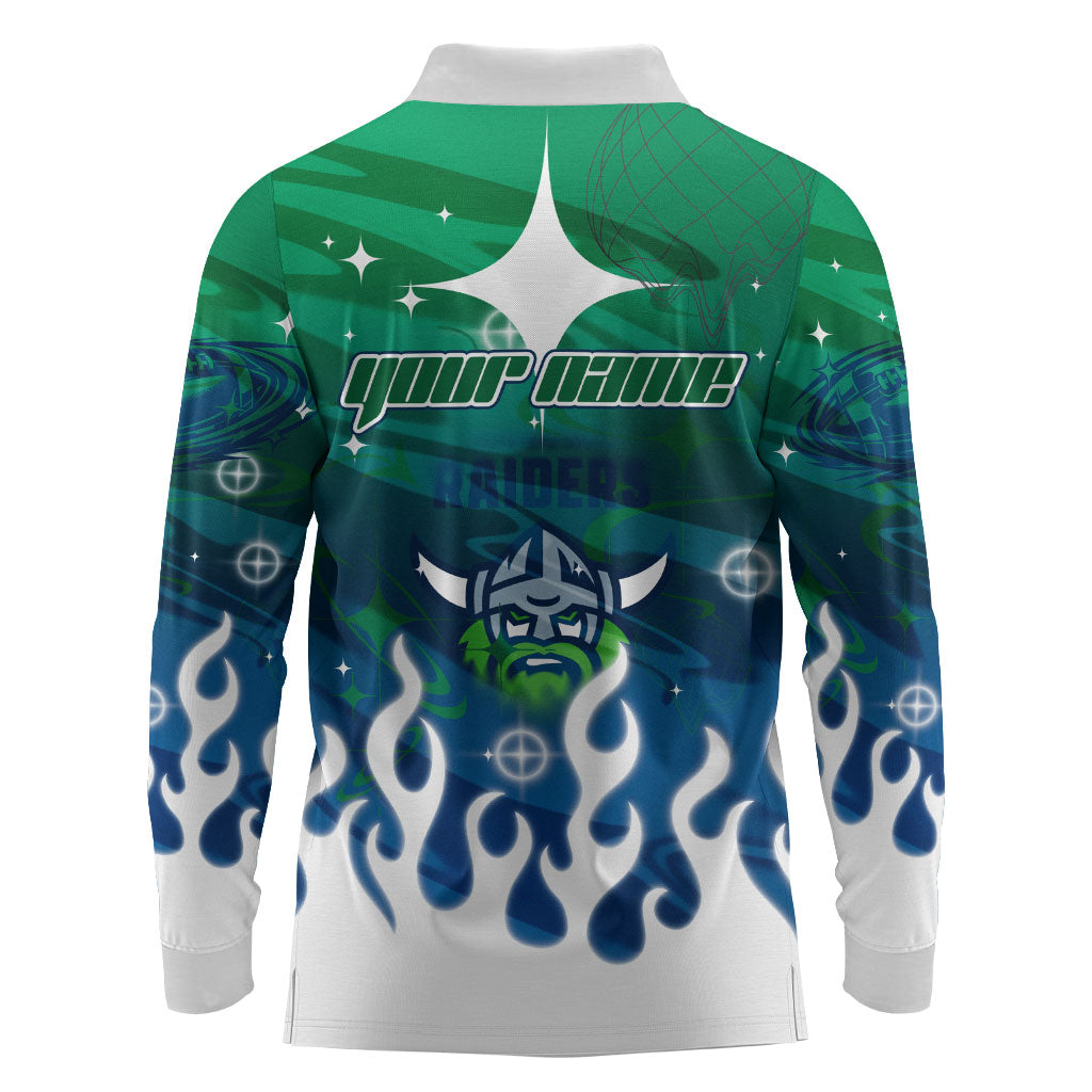 Personalized Canberra Raiders Long Sleeve Polo Shirt Y2K Grunge Aesthetic With Cyber Flames and Starburst Graphics