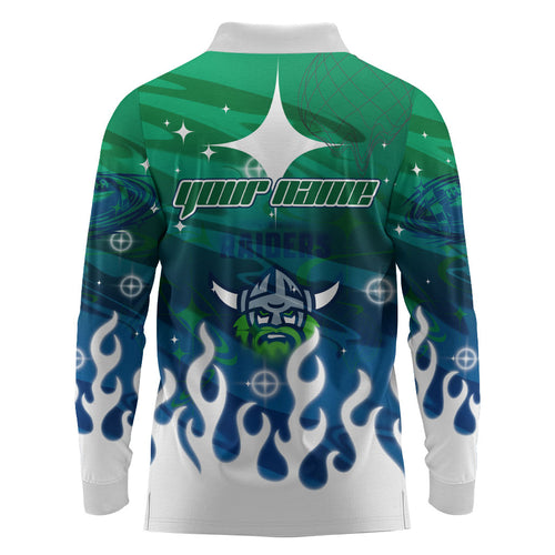 Personalized Canberra Raiders Long Sleeve Polo Shirt Y2K Grunge Aesthetic With Cyber Flames and Starburst Graphics