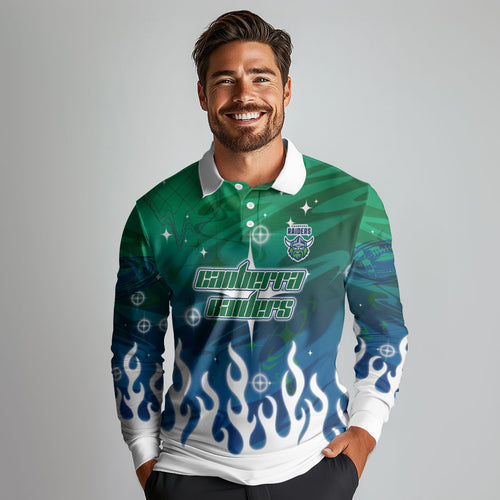 Personalized Canberra Raiders Long Sleeve Polo Shirt Y2K Grunge Aesthetic With Cyber Flames and Starburst Graphics