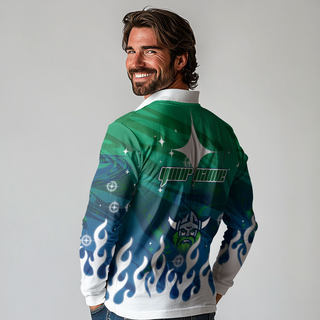 Personalized Canberra Raiders Long Sleeve Polo Shirt Y2K Grunge Aesthetic With Cyber Flames and Starburst Graphics