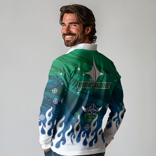 Personalized Canberra Raiders Long Sleeve Polo Shirt Y2K Grunge Aesthetic With Cyber Flames and Starburst Graphics