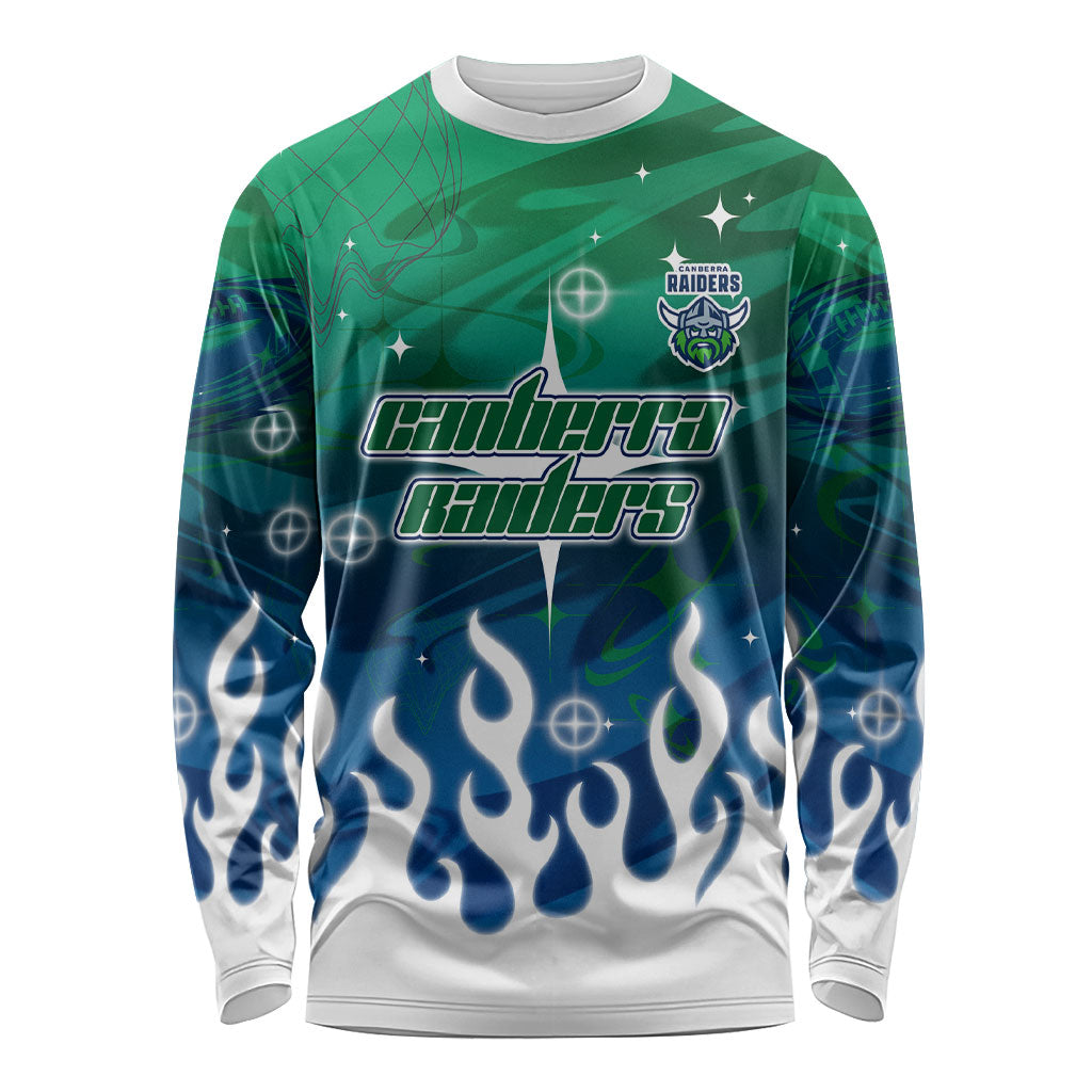 Personalized Canberra Raiders Long Sleeve Shirt Y2K Grunge Aesthetic With Cyber Flames and Starburst Graphics