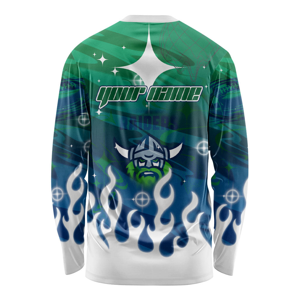 Personalized Canberra Raiders Long Sleeve Shirt Y2K Grunge Aesthetic With Cyber Flames and Starburst Graphics