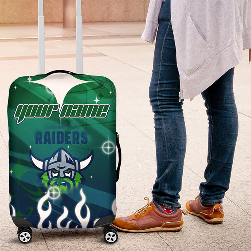 Personalized Canberra Raiders Luggage Cover Y2K Grunge Aesthetic With Cyber Flames and Starburst Graphics