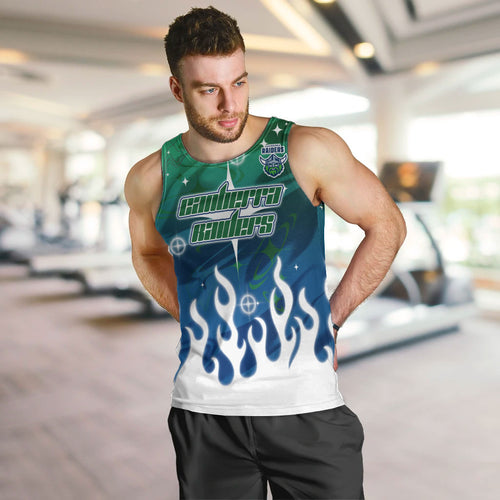 Personalized Canberra Raiders Men Tank Top Y2K Grunge Aesthetic With Cyber Flames and Starburst Graphics