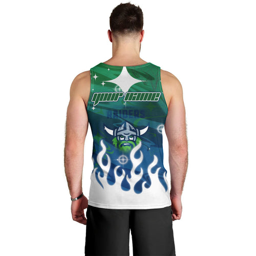 Personalized Canberra Raiders Men Tank Top Y2K Grunge Aesthetic With Cyber Flames and Starburst Graphics