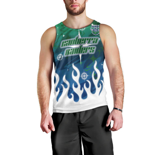 Personalized Canberra Raiders Men Tank Top Y2K Grunge Aesthetic With Cyber Flames and Starburst Graphics