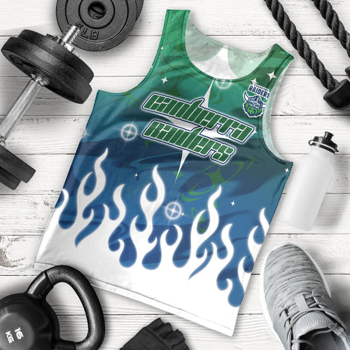 Personalized Canberra Raiders Men Tank Top Y2K Grunge Aesthetic With Cyber Flames and Starburst Graphics