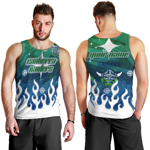 Personalized Canberra Raiders Men Tank Top Y2K Grunge Aesthetic With Cyber Flames and Starburst Graphics