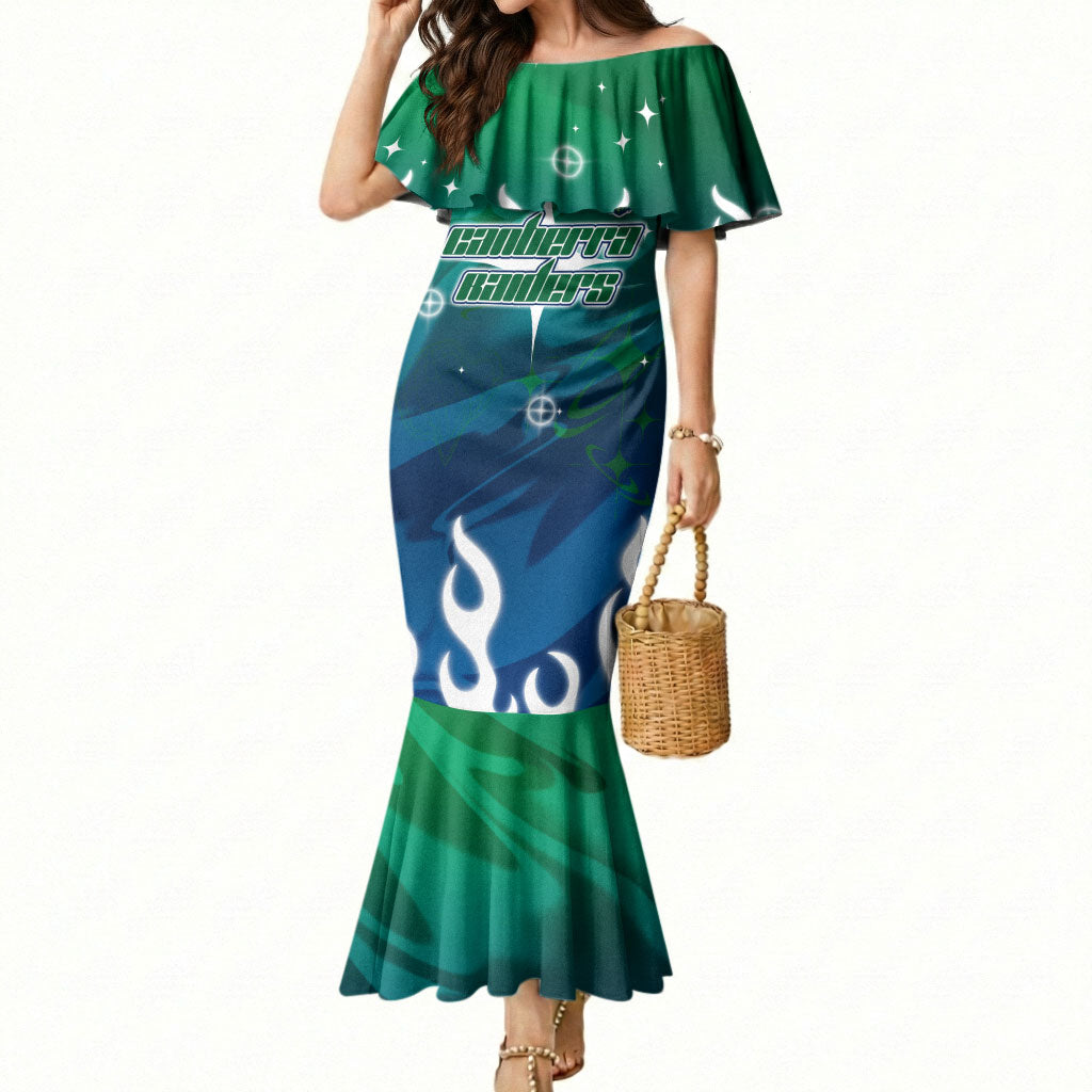 Personalized Canberra Raiders Mermaid Dress Y2K Grunge Aesthetic With Cyber Flames and Starburst Graphics