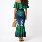 Personalized Canberra Raiders Mermaid Dress Y2K Grunge Aesthetic With Cyber Flames and Starburst Graphics