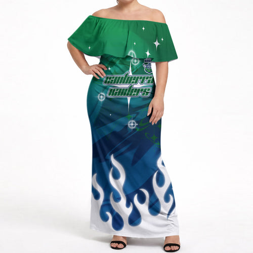 Personalized Canberra Raiders Off Shoulder Maxi Dress Y2K Grunge Aesthetic With Cyber Flames and Starburst Graphics