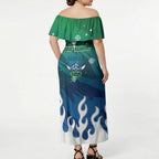 Personalized Canberra Raiders Off Shoulder Maxi Dress Y2K Grunge Aesthetic With Cyber Flames and Starburst Graphics