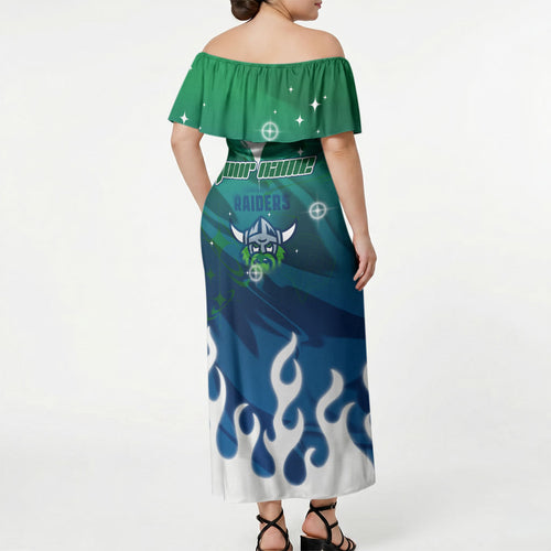 Personalized Canberra Raiders Off Shoulder Maxi Dress Y2K Grunge Aesthetic With Cyber Flames and Starburst Graphics