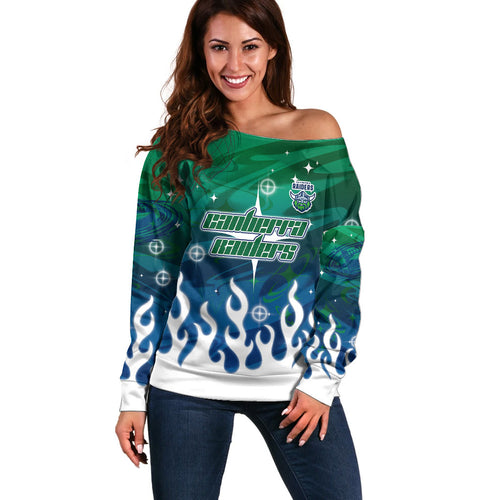 Personalized Canberra Raiders Off Shoulder Sweater Y2K Grunge Aesthetic With Cyber Flames and Starburst Graphics