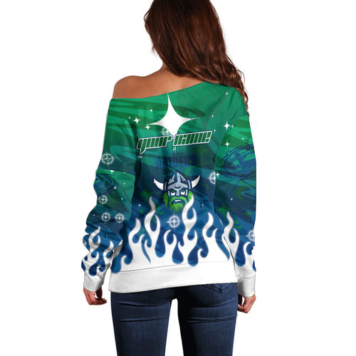 Personalized Canberra Raiders Off Shoulder Sweater Y2K Grunge Aesthetic With Cyber Flames and Starburst Graphics
