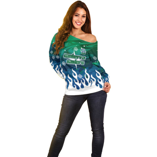 Personalized Canberra Raiders Off Shoulder Sweater Y2K Grunge Aesthetic With Cyber Flames and Starburst Graphics