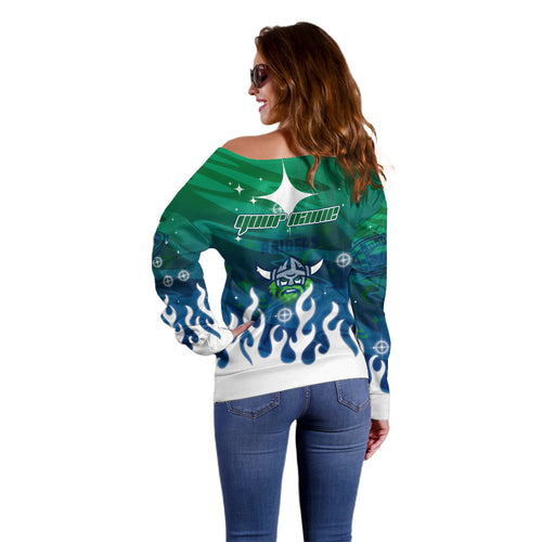 Personalized Canberra Raiders Off Shoulder Sweater Y2K Grunge Aesthetic With Cyber Flames and Starburst Graphics