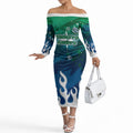 Personalized Canberra Raiders Off The Shoulder Long Sleeve Dress Y2K Grunge Aesthetic With Cyber Flames and Starburst Graphics