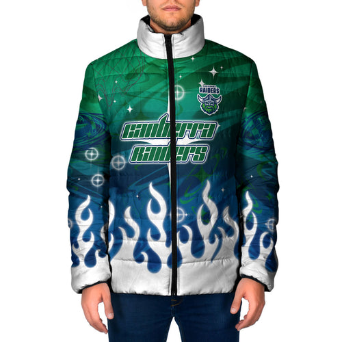 Personalized Canberra Raiders Padded Jacket Y2K Grunge Aesthetic With Cyber Flames and Starburst Graphics