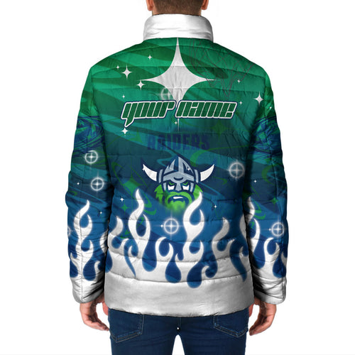 Personalized Canberra Raiders Padded Jacket Y2K Grunge Aesthetic With Cyber Flames and Starburst Graphics