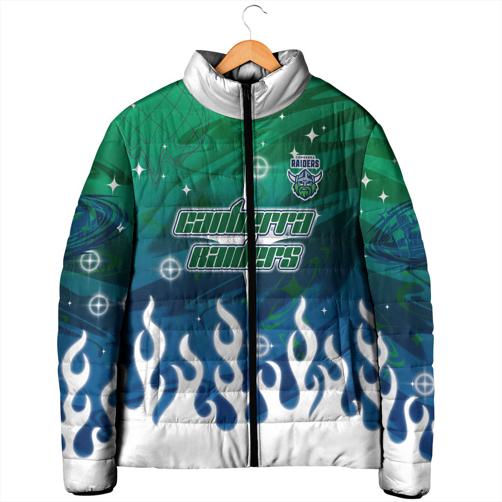 Personalized Canberra Raiders Padded Jacket Y2K Grunge Aesthetic With Cyber Flames and Starburst Graphics