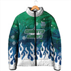 Personalized Canberra Raiders Padded Jacket Y2K Grunge Aesthetic With Cyber Flames and Starburst Graphics