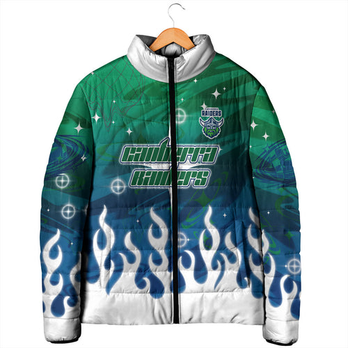 Personalized Canberra Raiders Padded Jacket Y2K Grunge Aesthetic With Cyber Flames and Starburst Graphics
