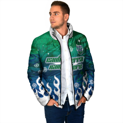 Personalized Canberra Raiders Padded Jacket Y2K Grunge Aesthetic With Cyber Flames and Starburst Graphics