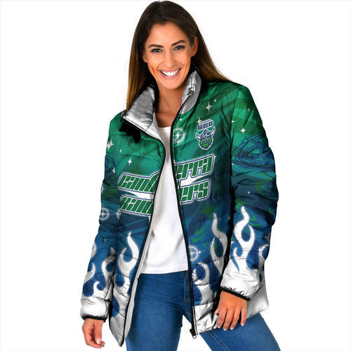 Personalized Canberra Raiders Padded Jacket Y2K Grunge Aesthetic With Cyber Flames and Starburst Graphics