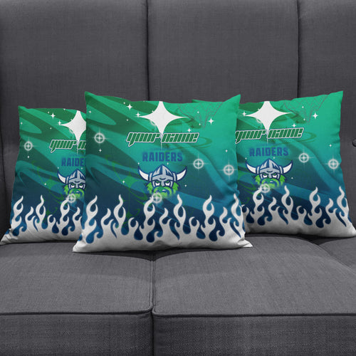 Personalized Canberra Raiders Pillow Cover Y2K Grunge Aesthetic With Cyber Flames and Starburst Graphics