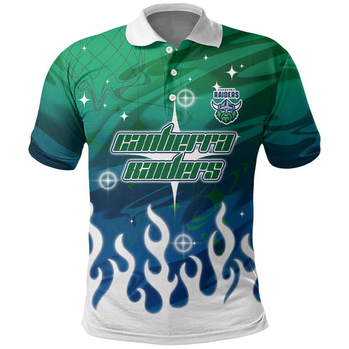 Personalized Canberra Raiders Polo Shirt Y2K Grunge Aesthetic With Cyber Flames and Starburst Graphics