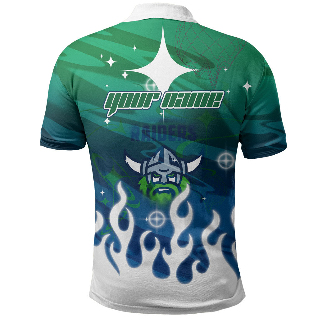 Personalized Canberra Raiders Polo Shirt Y2K Grunge Aesthetic With Cyber Flames and Starburst Graphics