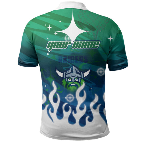 Personalized Canberra Raiders Polo Shirt Y2K Grunge Aesthetic With Cyber Flames and Starburst Graphics