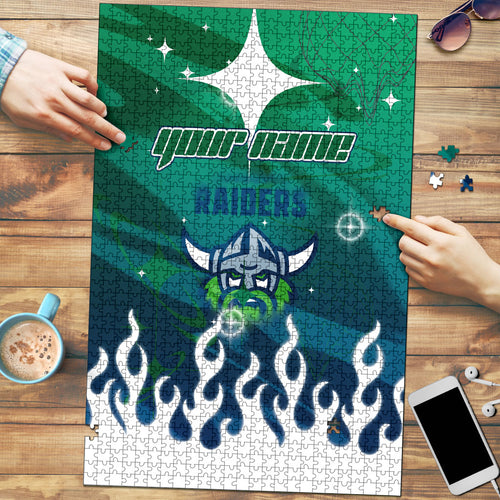 Personalized Canberra Raiders Puzzle Y2K Grunge Aesthetic With Cyber Flames and Starburst Graphics