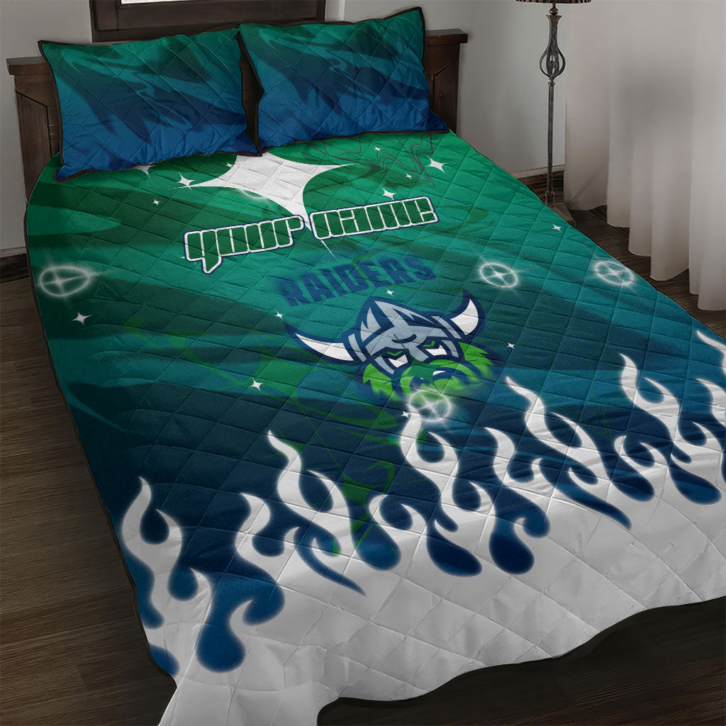 Personalized Canberra Raiders Quilt Bed Set Y2K Grunge Aesthetic With Cyber Flames and Starburst Graphics