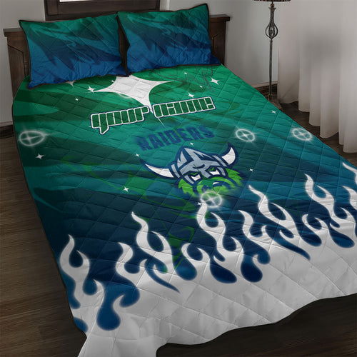 Personalized Canberra Raiders Quilt Bed Set Y2K Grunge Aesthetic With Cyber Flames and Starburst Graphics