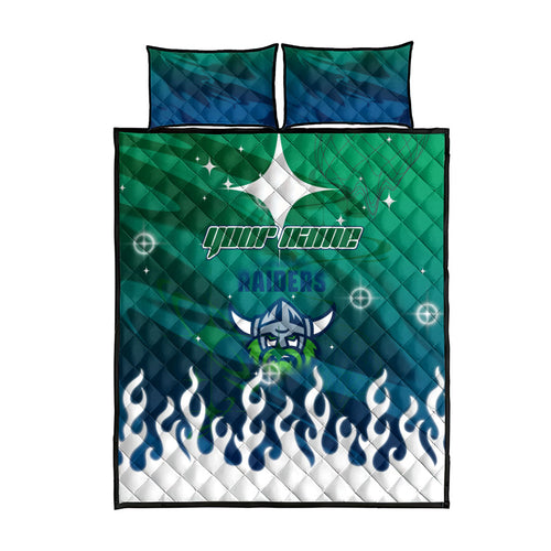 Personalized Canberra Raiders Quilt Bed Set Y2K Grunge Aesthetic With Cyber Flames and Starburst Graphics