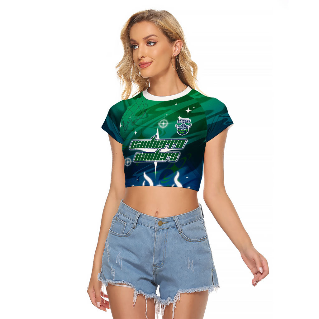Personalized Canberra Raiders Raglan Cropped T Shirt Y2K Grunge Aesthetic With Cyber Flames and Starburst Graphics