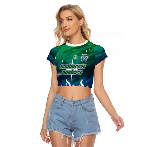Personalized Canberra Raiders Raglan Cropped T Shirt Y2K Grunge Aesthetic With Cyber Flames and Starburst Graphics
