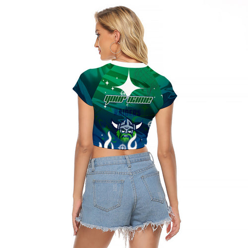 Personalized Canberra Raiders Raglan Cropped T Shirt Y2K Grunge Aesthetic With Cyber Flames and Starburst Graphics