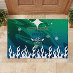 Personalized Canberra Raiders Rubber Doormat Y2K Grunge Aesthetic With Cyber Flames and Starburst Graphics