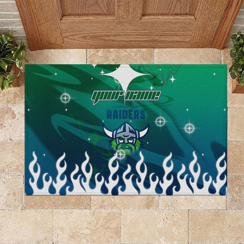 Personalized Canberra Raiders Rubber Doormat Y2K Grunge Aesthetic With Cyber Flames and Starburst Graphics